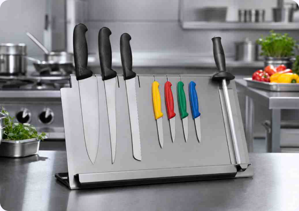 Victorinox knife set in a stainless steel stand with Fibrox chef’s knives, colour-coded paring knives and a honing steel